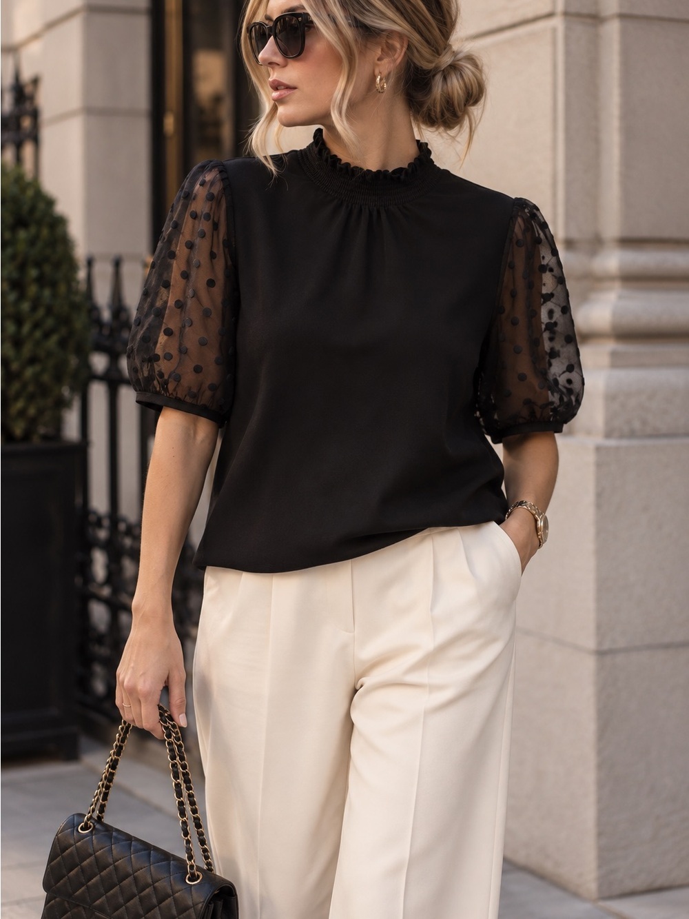 Anne Klein Black Ruffle Neck Puff polka dot Sleeve Blouse - Picture 2 of 7